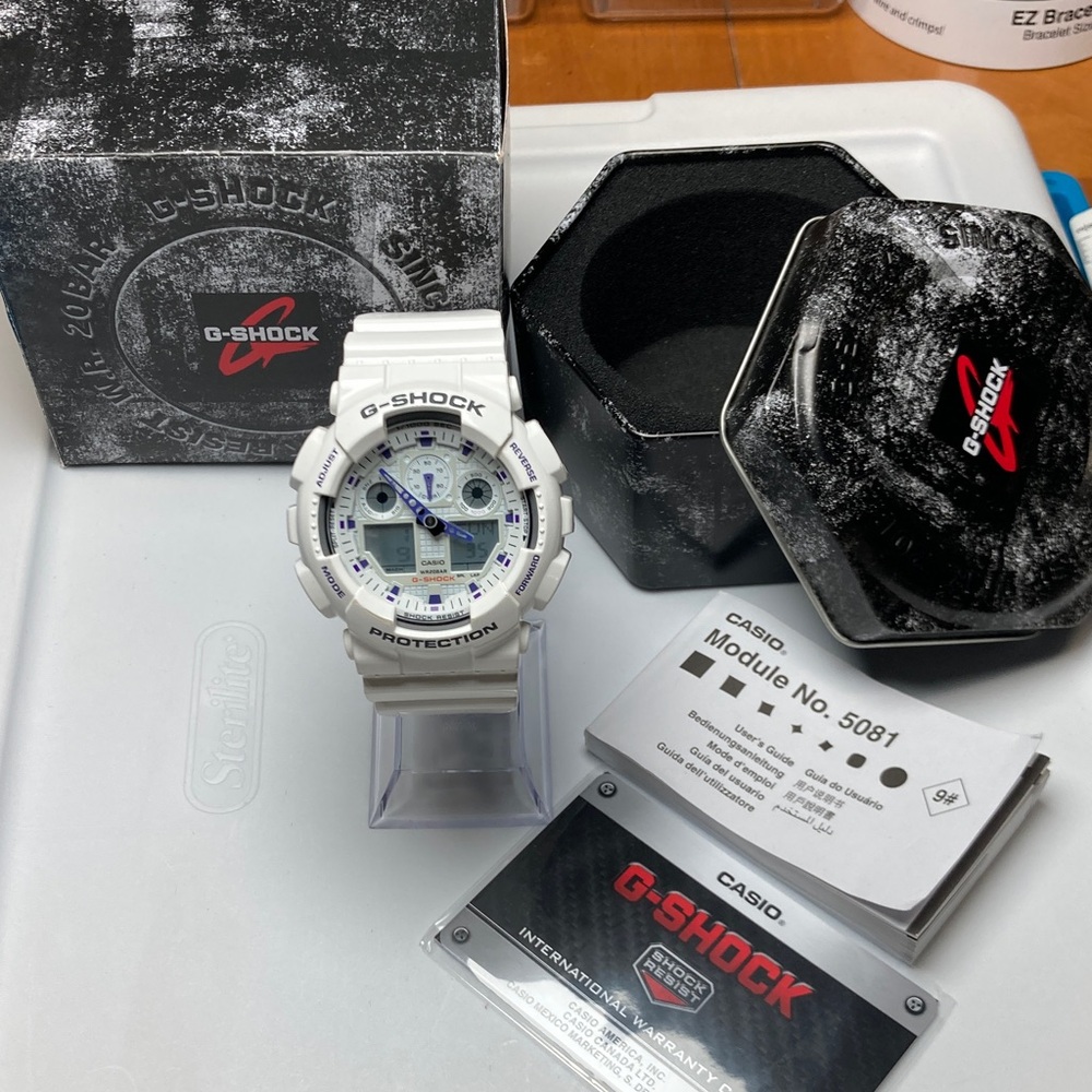 Casio Gshock GA-100A, glossy white gray purple colorway, new battery, full kit
